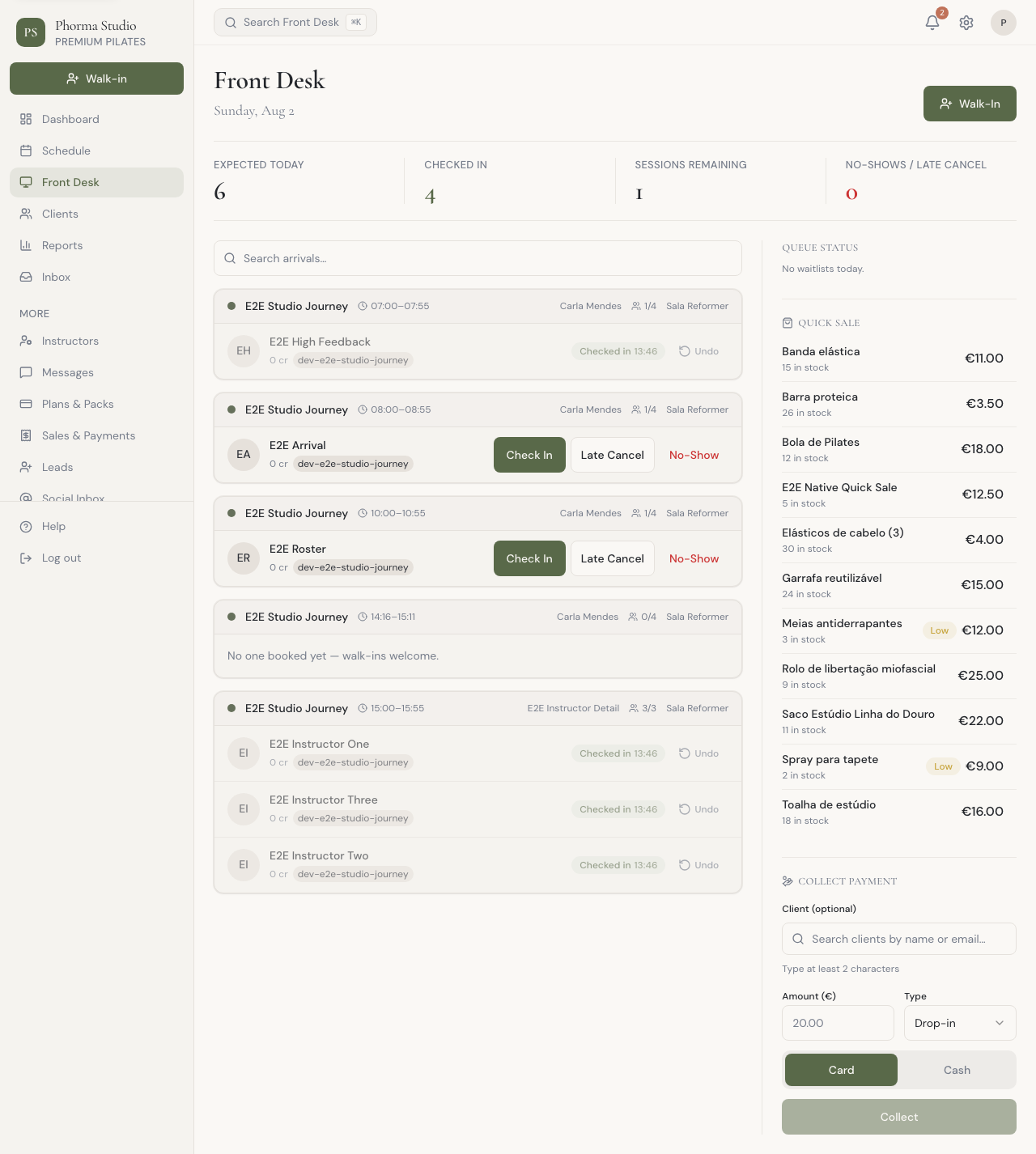 Phorma front desk: today's arrivals with check-in and no-show actions, next to quick sale and payment collection.