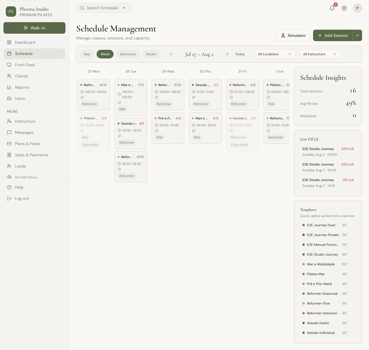 The Phorma schedule: a week of reformer and mat classes with fill rates, waitlists, and insights at a glance.